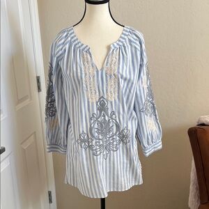 ANDREE BY UNIT Blue and White Striped Embroidered Blouse